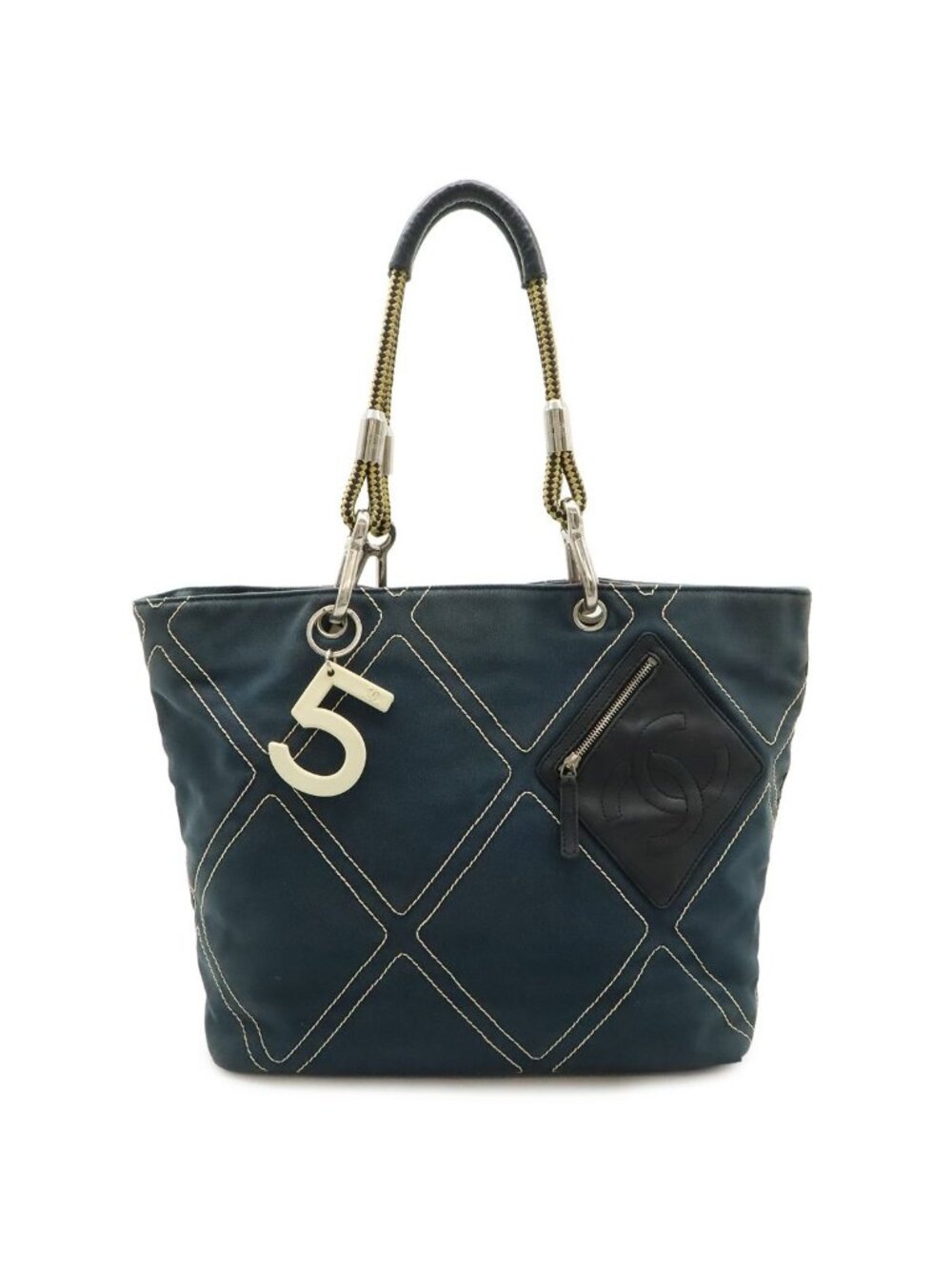 Chanel CC Logo Rope Tote Shoulder Bag Canvas Leather Navy Black